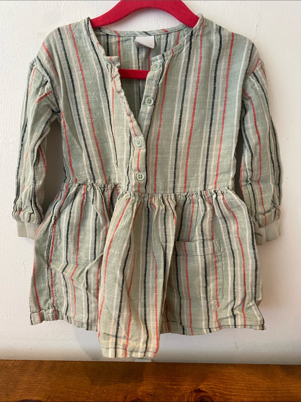 Striped Button-Front Girls Dress in Sage & Coral